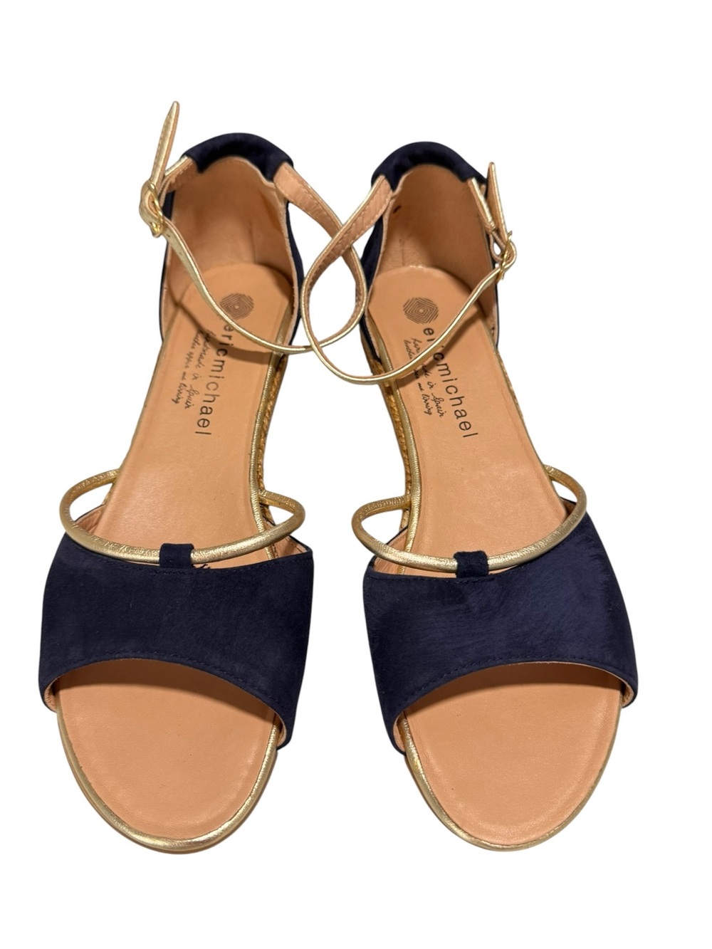Eric Michael Navy Suede & Gold Espadrille Wedge Sandals Size 9.5 (40) Like New - Picture 2 of 11